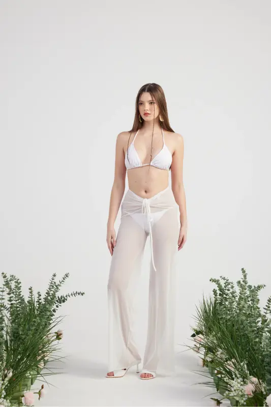Beli Ip Detaylı Tül Pareo Shirred Pantolon Beyaz-B - 4