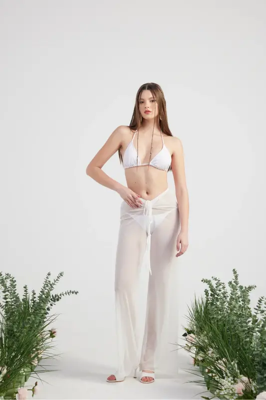 Beli Ip Detaylı Tül Pareo Shirred Pantolon Beyaz-B - 5