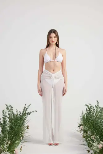 Beli İp Detaylı Tül Pareo Shirred Pantolon Beyaz - Beyaz - HOLLY LOLLY (1)