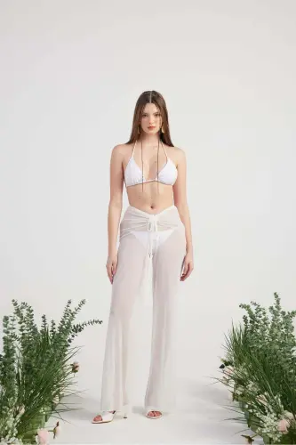 Beli İp Detaylı Tül Pareo Shirred Pantolon Beyaz - Beyaz - 3