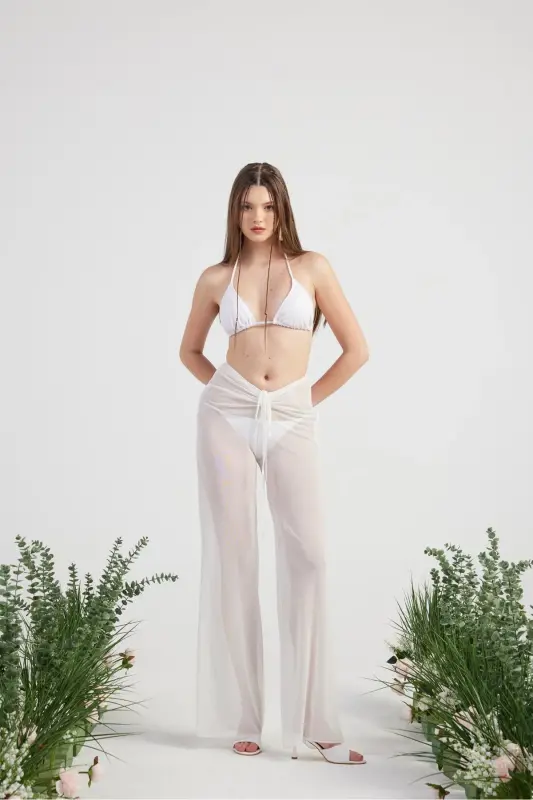 Beli İp Detaylı Tül Pareo Shirred Pantolon Beyaz - Beyaz - 4