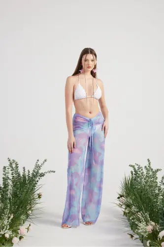 Beli Ip Detaylı Tül Pareo Shirred Pantolon Lila - 3