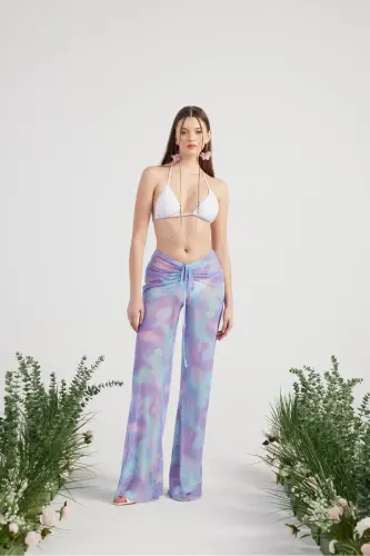 Beli Ip Detaylı Tül Pareo Shirred Pantolon Lila 