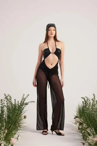 Beli İp Detaylı Tül Pareo Shirred Pantolon Siyah - Siyah - 4