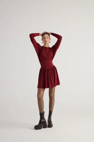 Beli Korse Görünümlü Vatkalı Mini Jade Elbise Bordo-Bordo - 3