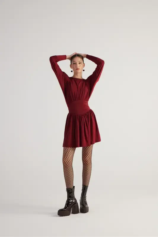 Beli Korse Görünümlü Vatkalı Mini Jade Elbise Bordo-Bordo - 3