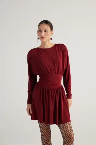 Beli Korse Görünümlü Vatkalı Mini Jade Elbise Bordo-Bordo - 6