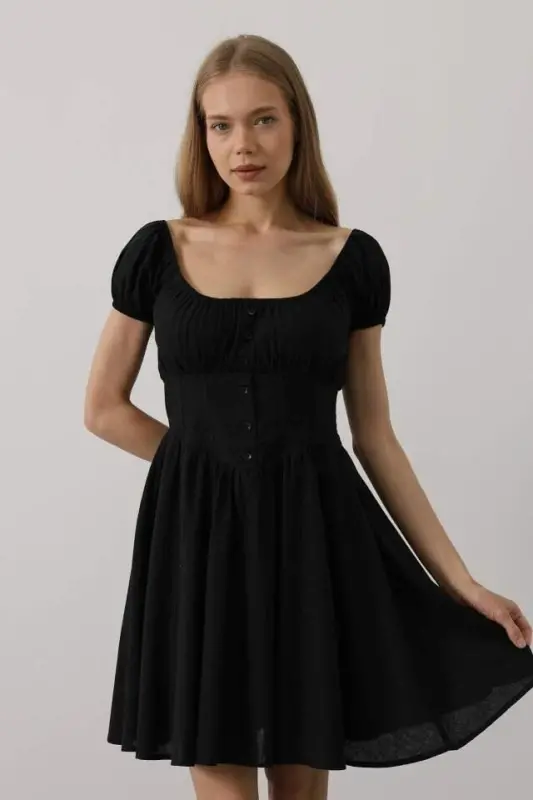 Beli Korseli Mini Elbise - Siyah - 4