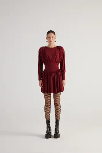 Beli korset koʻrinishli vatkali mini Jade koʻylak bordo-bordo - 1