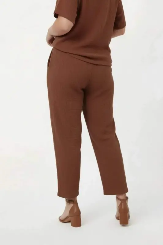 Beli Lastikli Bağcıklı Kadın Büyük Beden Pantolon Kahve - 4