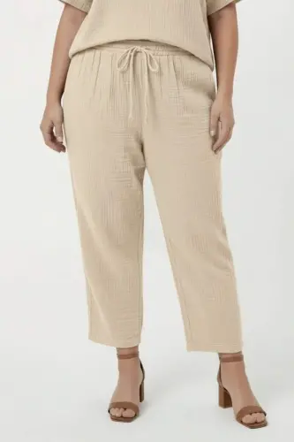 Beli Lastikli Bağcıklı Kadın Büyük Beden Pantolon Krem - 1