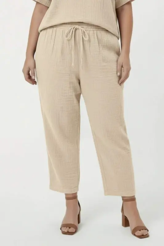 Beli Lastikli Bağcıklı Kadın Büyük Beden Pantolon Krem - BÜYÜKBEDENIZ