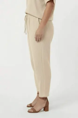 Beli Lastikli Bağcıklı Kadın Büyük Beden Pantolon Krem - BÜYÜKBEDENIZ (1)