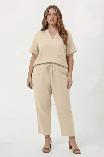 Beli Lastikli Bağcıklı Kadın Büyük Beden Pantolon Krem - 3