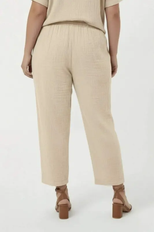 Beli Lastikli Bağcıklı Kadın Büyük Beden Pantolon Krem - 4
