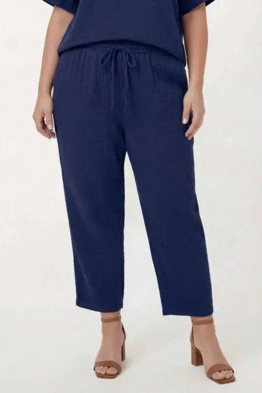 Beli Lastikli Bağcıklı Kadın Büyük Beden Pantolon Lacivert - 1