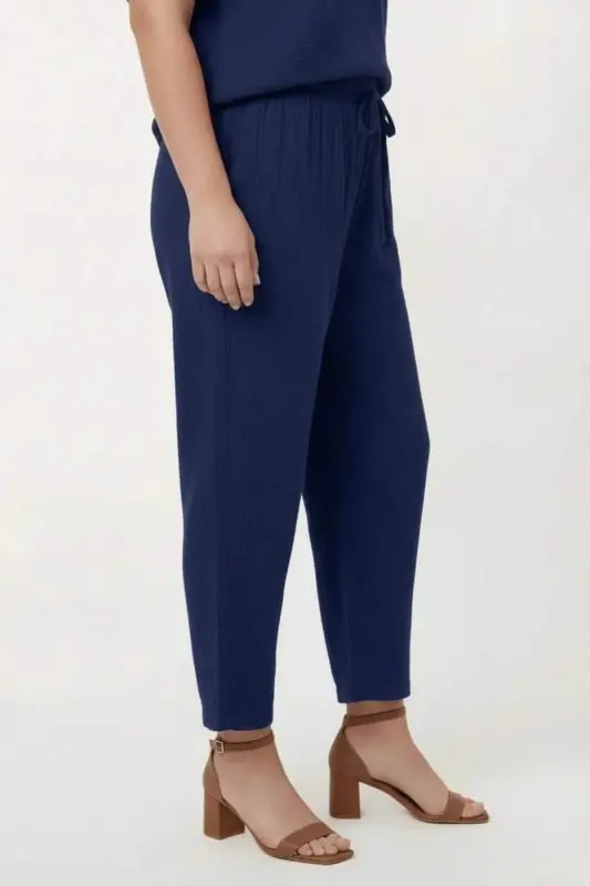 Beli Lastikli Bağcıklı Kadın Büyük Beden Pantolon Lacivert - 2