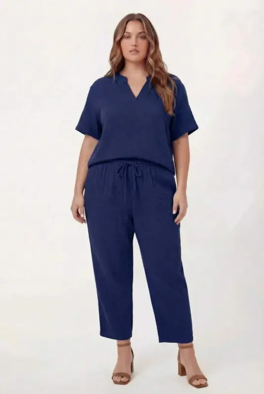 Beli Lastikli Bağcıklı Kadın Büyük Beden Pantolon Lacivert - 3