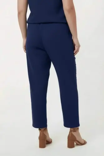 Beli Lastikli Bağcıklı Kadın Büyük Beden Pantolon Lacivert - 4