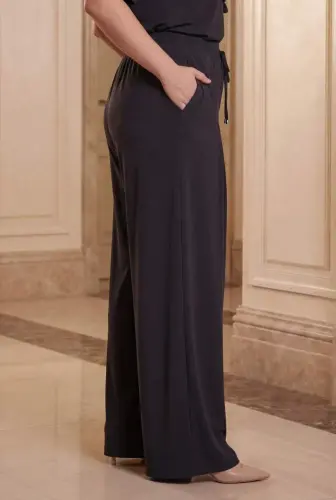 Beli Lastikli Bağcıklı Ön Pileli Kadın Büyük Beden Pantolon Siyah - BÜYÜKBEDENIZ (1)