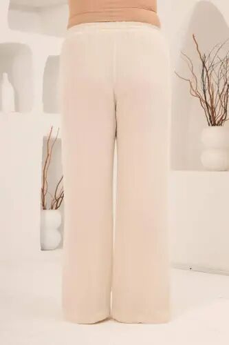 Beli Lastikli Bol Paça Büyük Beden Kadın Keten Pantolon Bej - 5