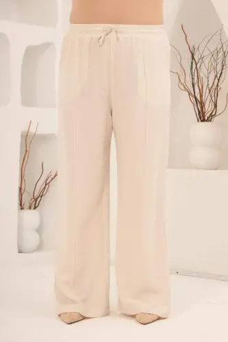 Beli Lastikli Bol Paça Büyük Beden Kadın Keten Pantolon Bej - 1
