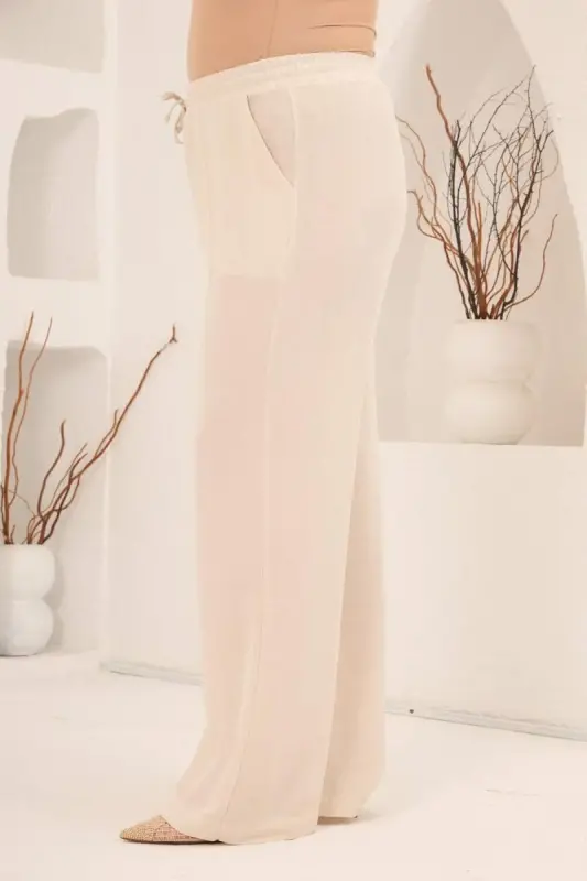 Beli Lastikli Bol Paça Büyük Beden Kadın Keten Pantolon Bej - 2