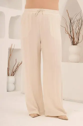 Beli Lastikli Bol Paça Büyük Beden Kadın Keten Pantolon Bej - 4