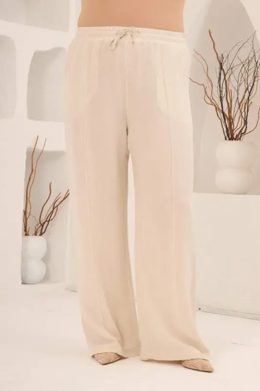 Beli Lastikli Bol Paça Büyük Beden Kadın Keten Pantolon Bej - 4