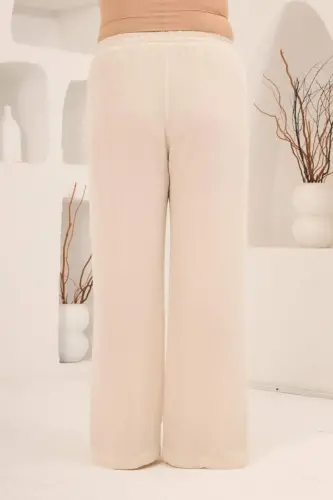 Beli Lastikli Bol Paça Büyük Beden Kadın Keten Pantolon Bej - 5