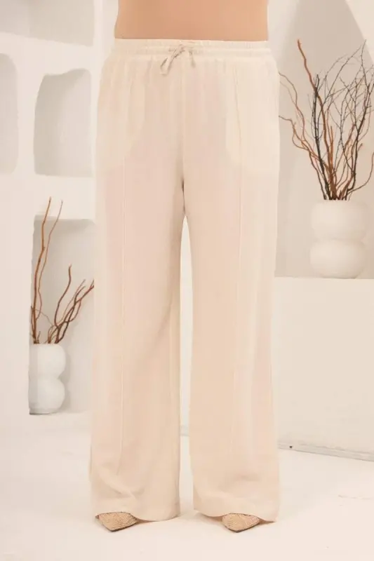 Beli Lastikli Bol Paça Büyük Beden Kadın Keten Pantolon Bej - BÜYÜKBEDENIZ