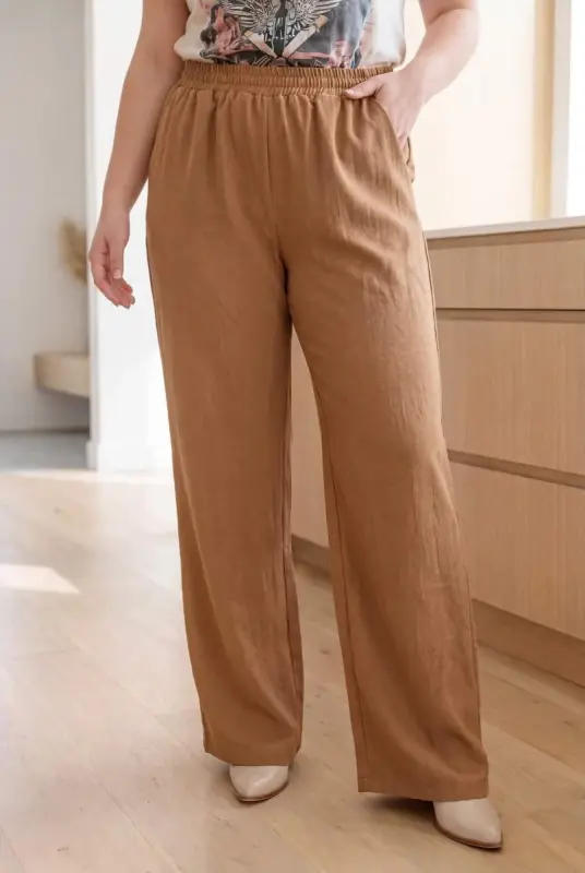 Beli Lastikli Bol Paça Büyük Beden Kadın Keten Pantolon Kahve - BÜYÜKBEDENIZ