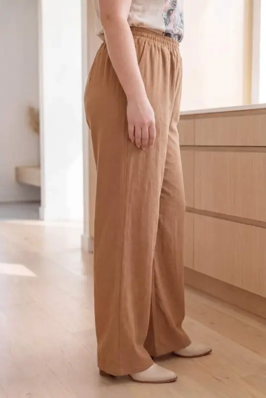 Beli Lastikli Bol Paça Büyük Beden Kadın Keten Pantolon Kahve - 2