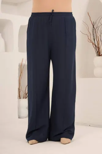 Beli Lastikli Bol Paça Büyük Beden Kadın Keten Pantolon Lacivert - 1
