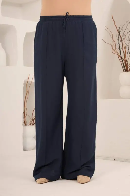 Beli Lastikli Bol Paça Büyük Beden Kadın Keten Pantolon Lacivert - 1