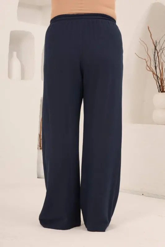 Beli Lastikli Bol Paça Büyük Beden Kadın Keten Pantolon Lacivert - 3
