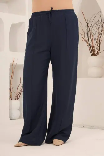 Beli Lastikli Bol Paça Büyük Beden Kadın Keten Pantolon Lacivert - 4