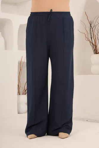 Beli Lastikli Bol Paça Büyük Beden Kadın Keten Pantolon Lacivert - 1
