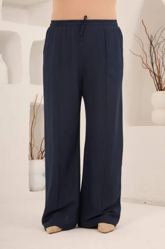 Beli Lastikli Bol Paça Büyük Beden Kadın Keten Pantolon Lacivert - 1