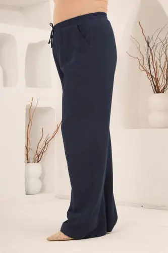 Beli Lastikli Bol Paça Büyük Beden Kadın Keten Pantolon Lacivert - 2