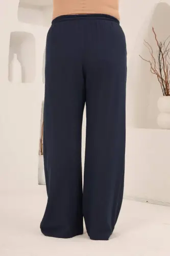 Beli Lastikli Bol Paça Büyük Beden Kadın Keten Pantolon Lacivert - 3