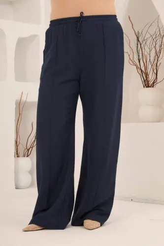 Beli Lastikli Bol Paça Büyük Beden Kadın Keten Pantolon Lacivert - 4