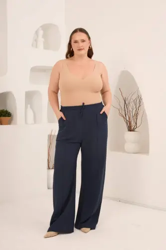 Beli Lastikli Bol Paça Büyük Beden Kadın Keten Pantolon Lacivert - 5