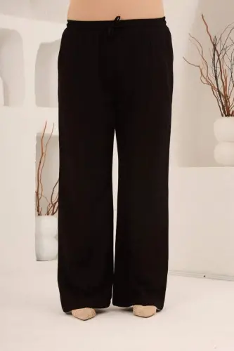 Beli Lastikli Bol Paça Büyük Beden Kadın Keten Pantolon Siyah - 1