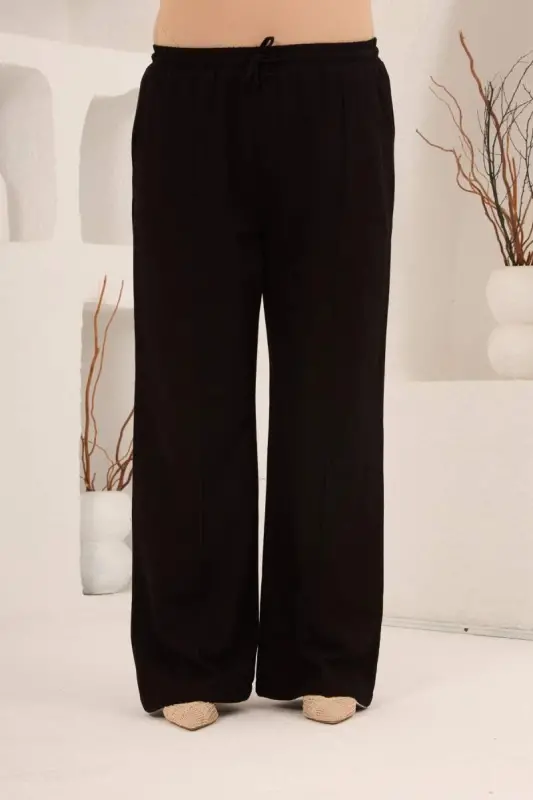 Beli Lastikli Bol Paça Büyük Beden Kadın Keten Pantolon Siyah - 1
