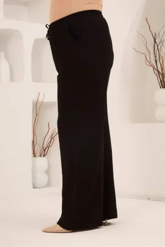 Beli Lastikli Bol Paça Büyük Beden Kadın Keten Pantolon Siyah - 2