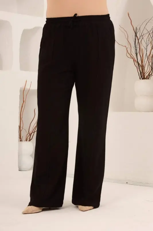 Beli Lastikli Bol Paça Büyük Beden Kadın Keten Pantolon Siyah - 3