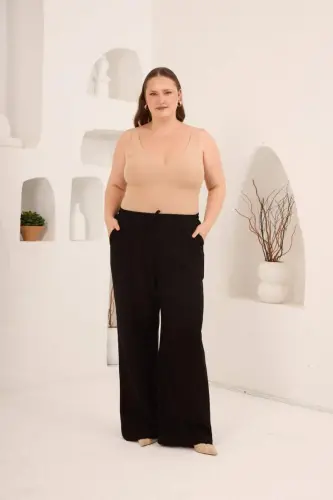 Beli Lastikli Bol Paça Büyük Beden Kadın Keten Pantolon Siyah - 4