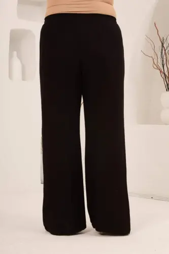 Beli Lastikli Bol Paça Büyük Beden Kadın Keten Pantolon Siyah - 5