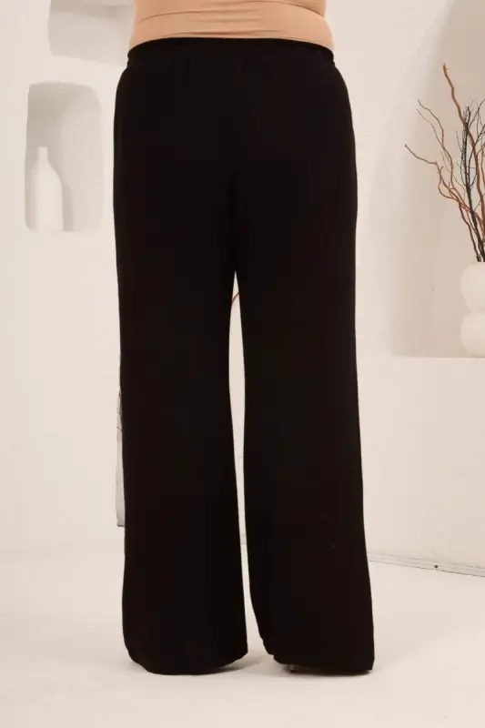 Beli Lastikli Bol Paça Büyük Beden Kadın Keten Pantolon Siyah - 5